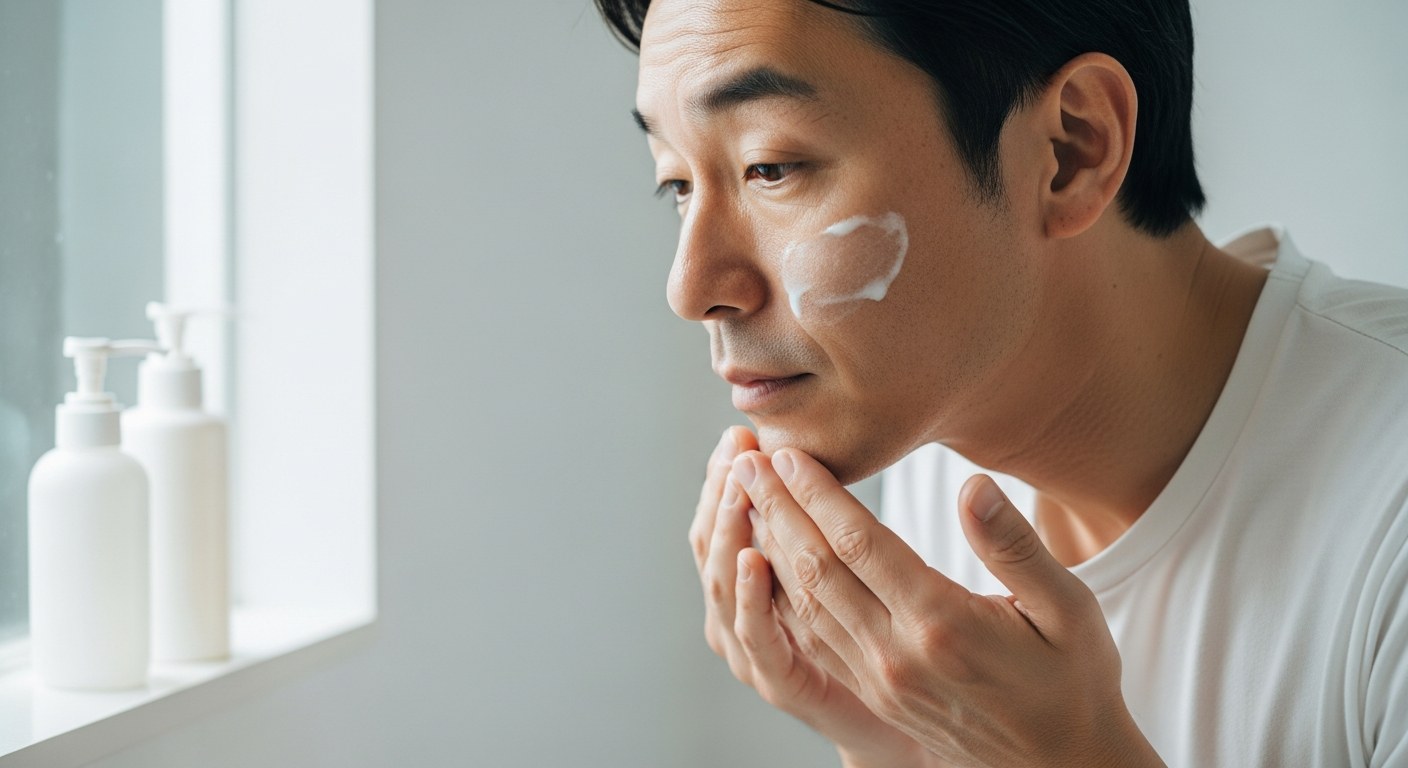 洗顔後に化粧水をつける40代男性の手元