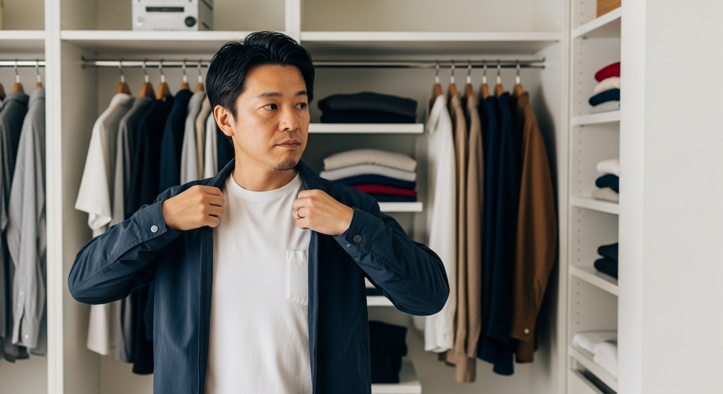 ネイビージャケットと白Tシャツを合わせる40代男性とクローゼット
