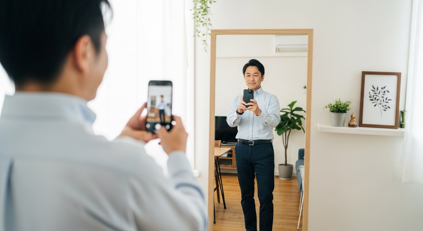 全身鏡の前でスマホ自撮りをして身だしなみを確認する40代男性