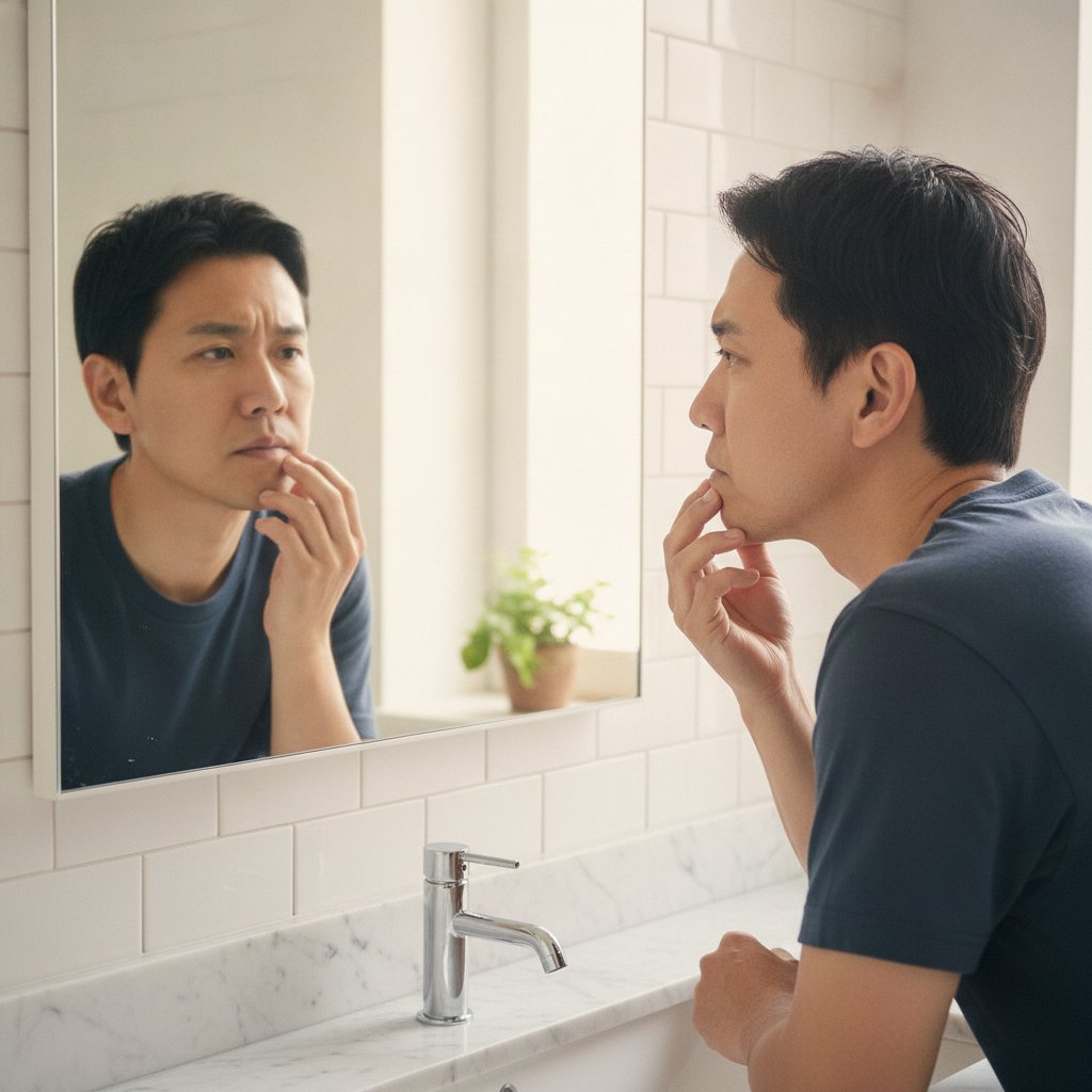 鏡でほうれい線を確認する40代男性