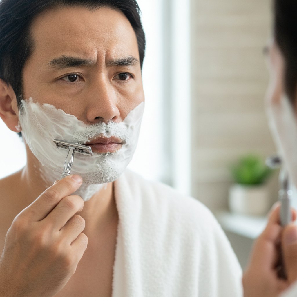 ほうれい線周辺にカミソリを当ててひげを剃る40代男性