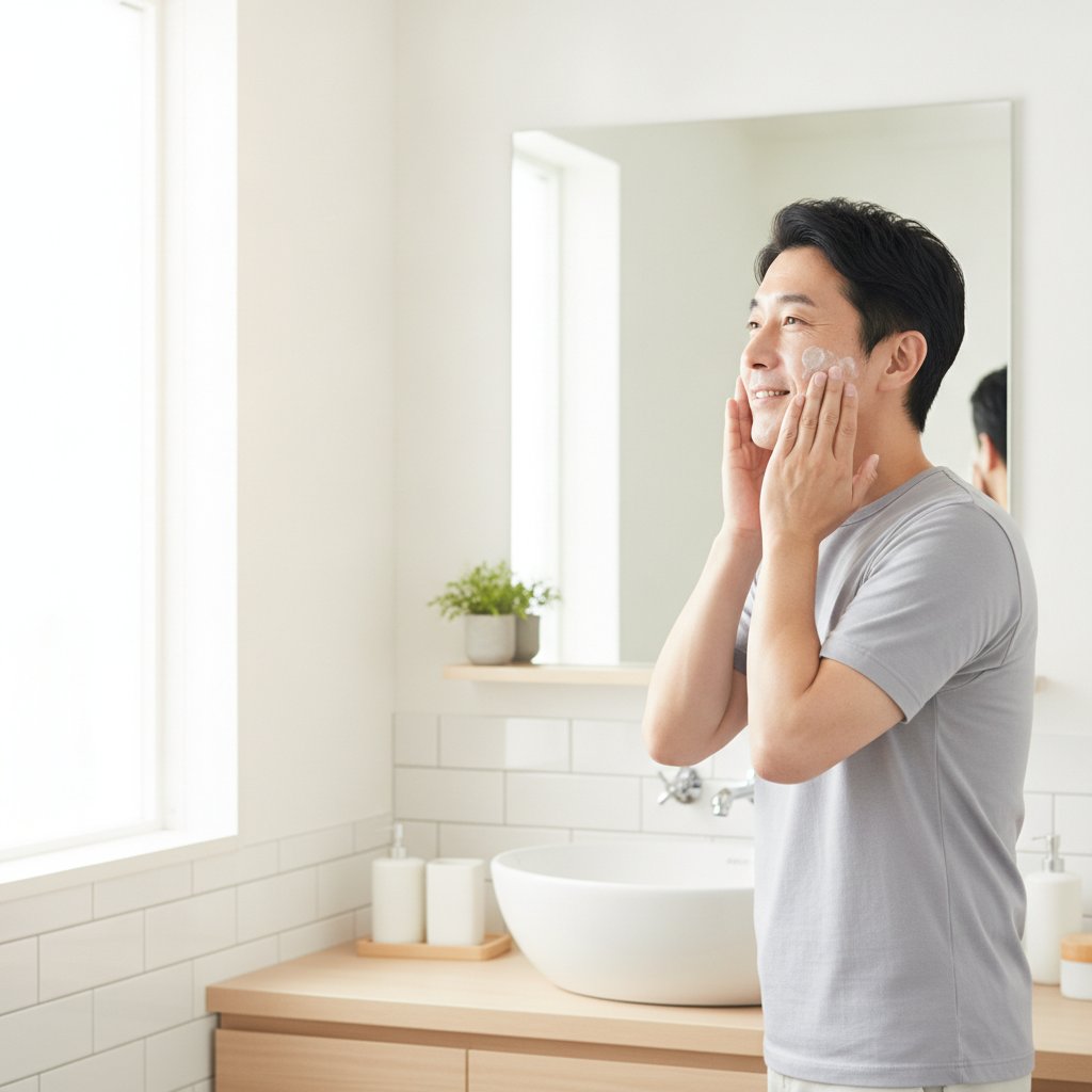 洗顔後に化粧水で保湿ケアをする40代男性