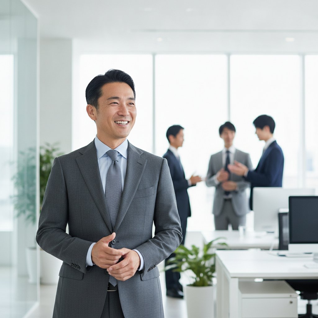 明るい表情で商談に臨む40代のビジネスマン
