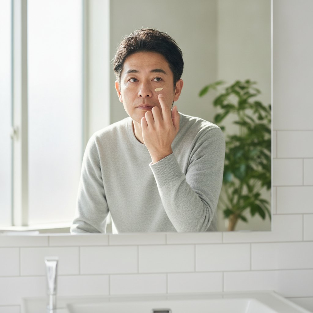 目の下のクマに少量のコンシーラーをなじませる40代男性