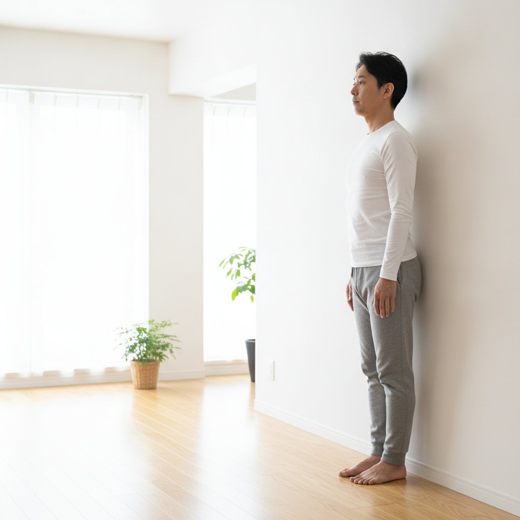 壁を使って姿勢セルフチェックをする40代男性