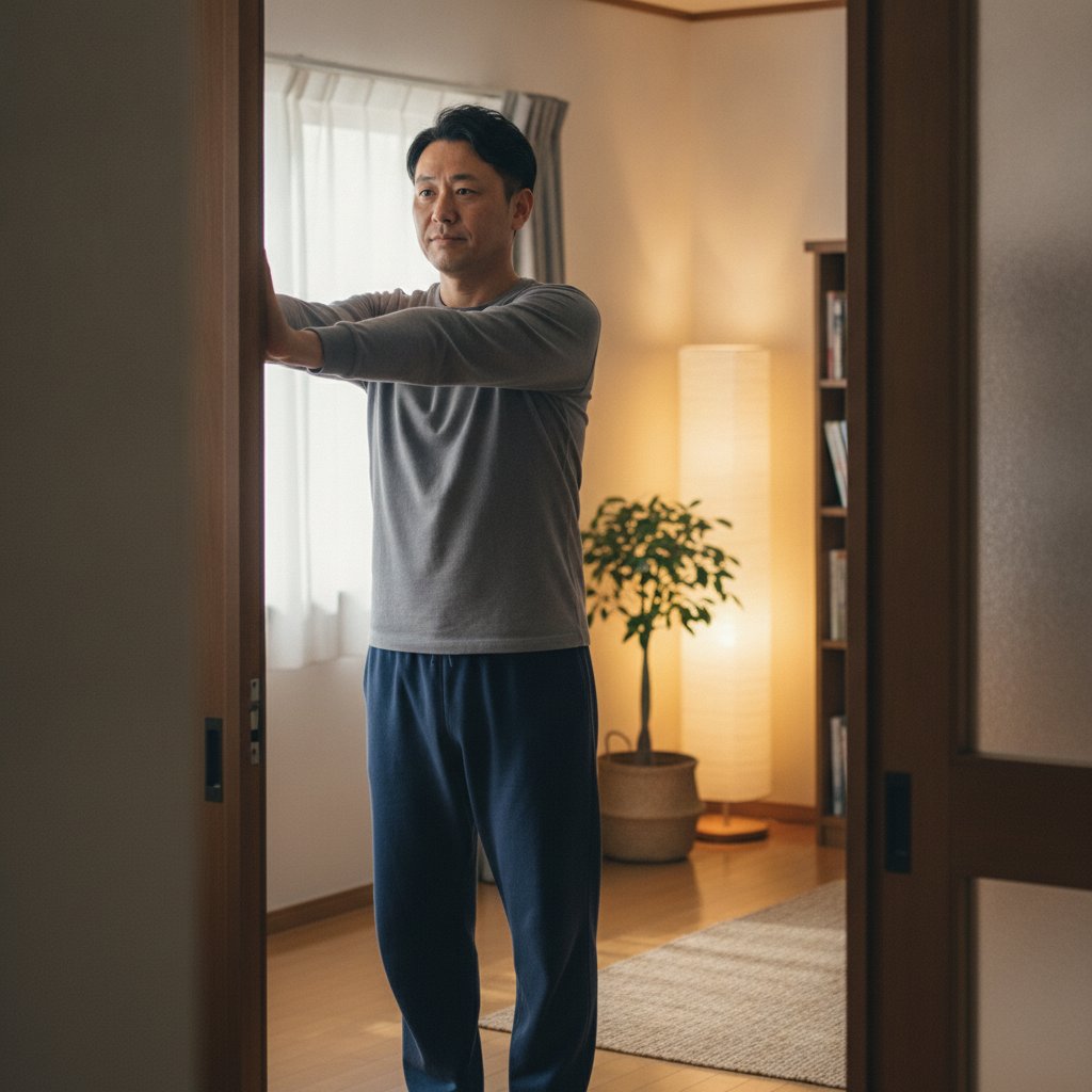 自宅のドア枠で胸開きストレッチをする40代男性