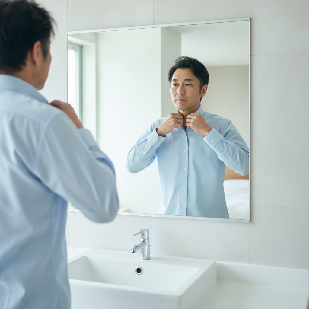 シャツの襟元のニオイを確認する40代男性